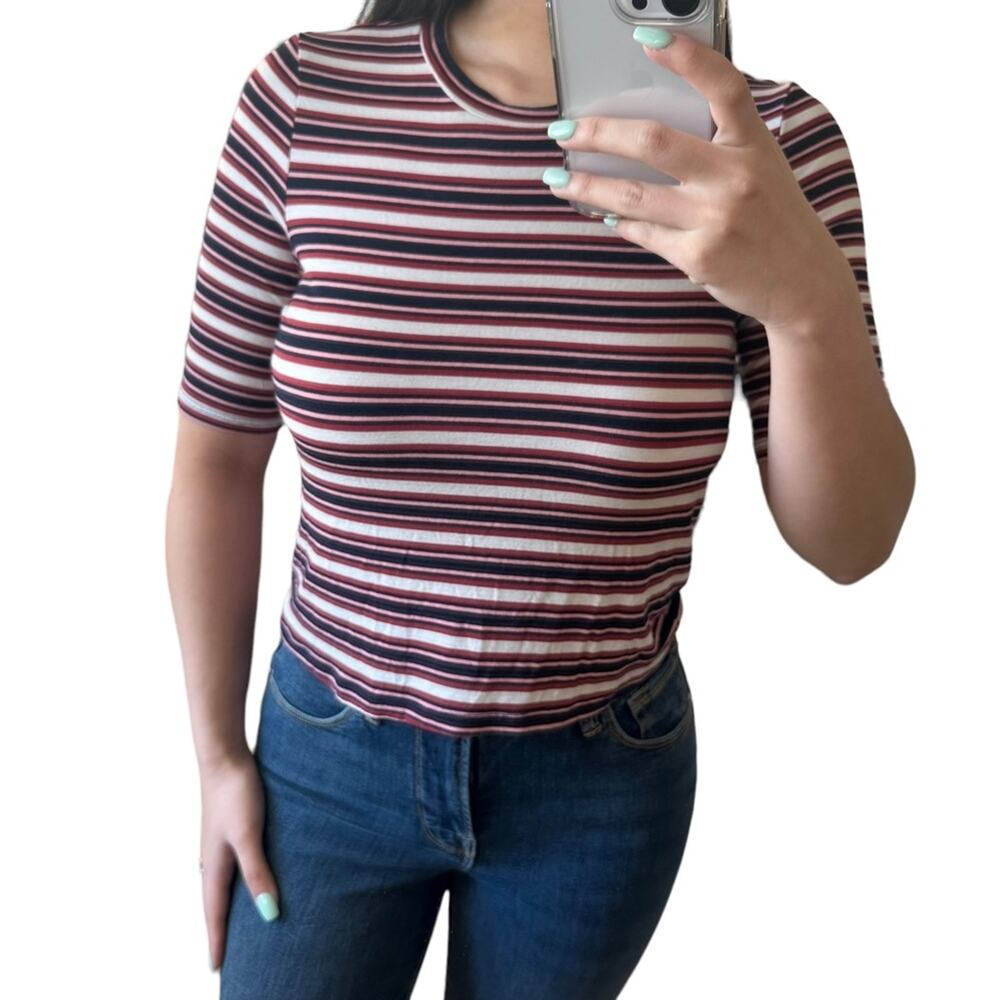 Topshop Short Sleeve Retro Crop Top w Stripes in Red Black White Size 6 / Small